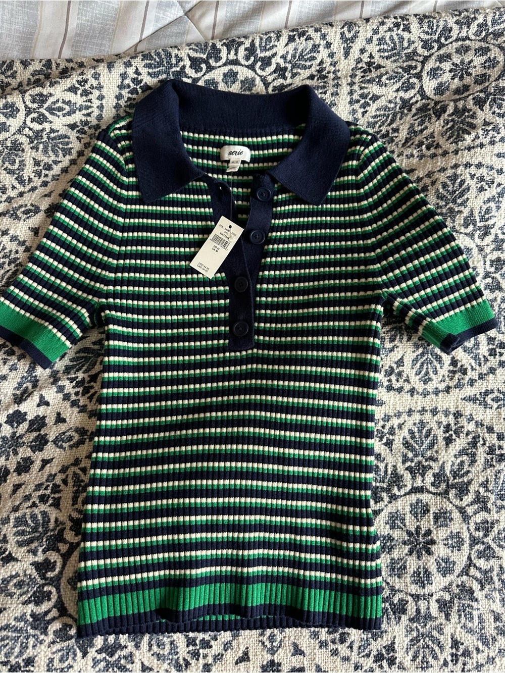 aerie Navy, Green & White Striped Ribbed Polo Tee - Picture 4 of 6